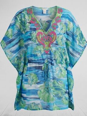 Lucky & Coco Beaded Colorful Blue Floral Kaftan/Beach Cover-up/Tunic Size XL